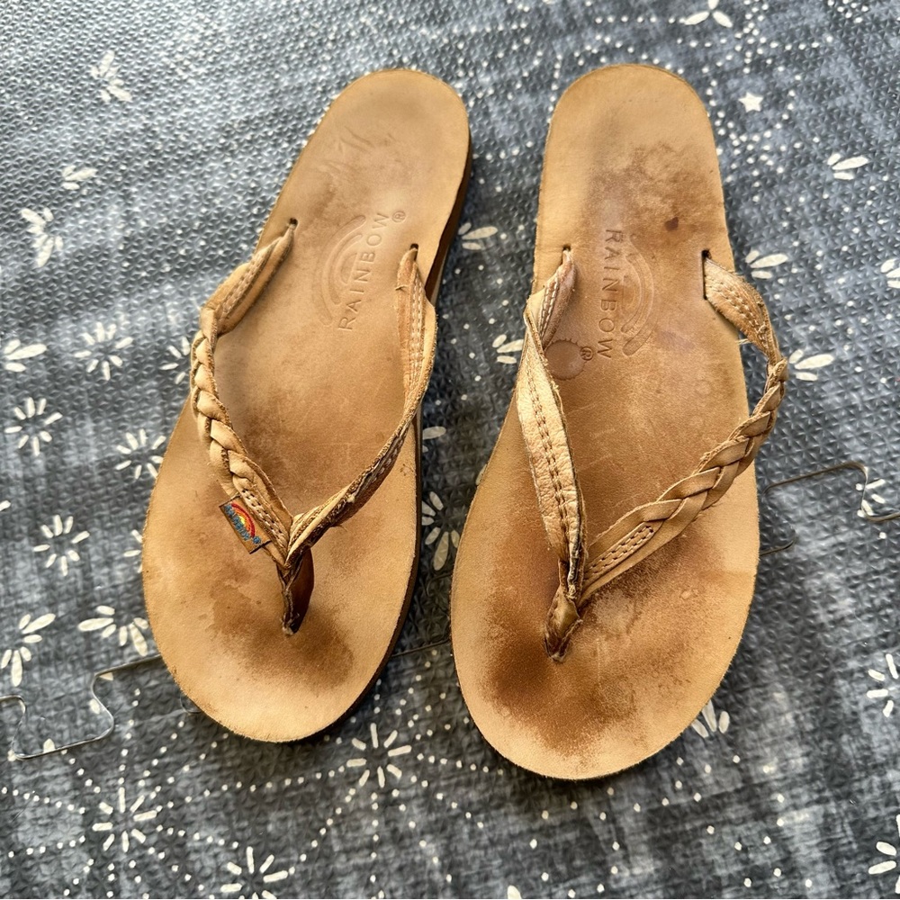 Rainbow Brown Braided Leather Flip Flop Sandals